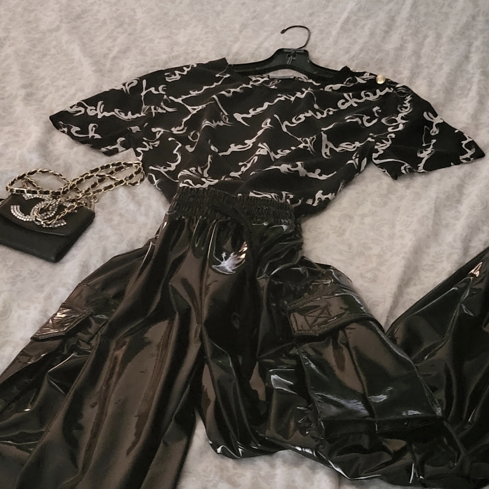 Chanel RARE Vintage Blk & Wht Cc Logo Monogram Silk Graffiti Shirt
